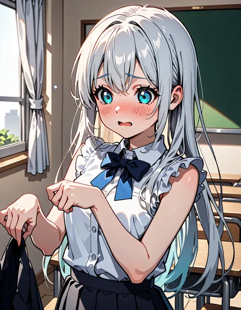(score_9, score_8_up, score_7_up), source_Anime, absurd_res, white, blue, black, 2girls:1.3, duo, upper body, super fine illustration, an extremely delicate and beautiful, best quality, masterpiece, 8K, spring setting, in the classroom, (long silver hair),...