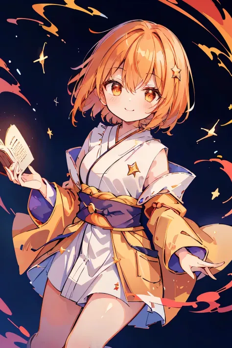 1 girl,(asymmetric hairstyle:1.3),(orange:1.2),(Hair cut only on the left side:1.4),((wizard's robe:1.2)),(japanese wear), ((opening a magic book)),(background with twinkling stars:1.35),waving in the wind,(proud smile),((Super high quality:1.5))