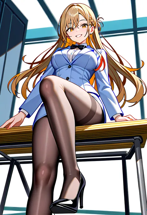 highlights,  wearing a business suit, light gray jacket, white blouse,Charcoal Pencil Miniskirt, silk brown pantyhose、sexy black patent leather high heels,  waist line that is only partially hidden,  her whole body is reflected from her feet , She's sittin...