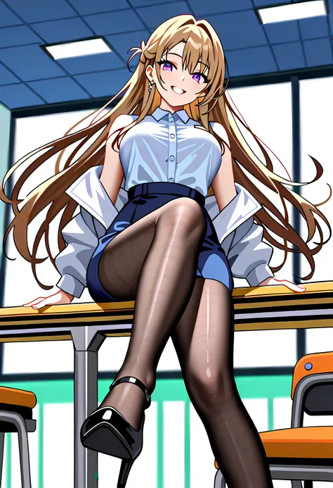 highlights,  wearing a business suit, light gray jacket, white blouse,Charcoal Pencil Miniskirt, silk brown pantyhose、sexy black patent leather high heels,  waist line that is only partially hidden,  her whole body is reflected from her feet , She's sittin...