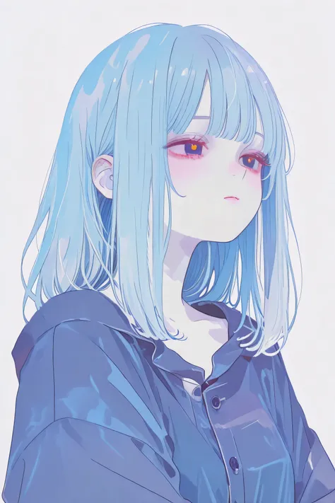 anime girl, pale white skin, blue hair, shoulder length hair with side bangs, hime bangs, navy blue shirt, front view, portrait, bue eyes