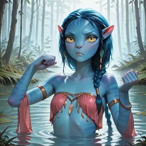 masterpiece, best quality, amazing quality, in swamp, blue trees, pink trees, bioluminescent, 1girl, solo, Na'vi, colored skin, striped blue skin, pointy ears, yellow eyes, red belly dancer outfit, looking at viewer, confused, annoyed, o-face, partially su...