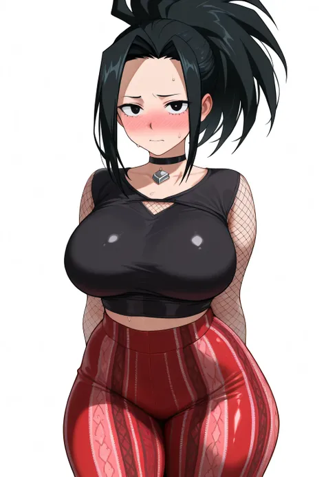 nose blush, shiny legs, shiny body, shiny hair, clear skin, clear body, short hair,, white background, simple background, standing, (masterpiece), best quality, expressive eyes, perfect face,1girl,(large breasts), sweat, sweaty, sweaty:1.3, nose blush, loo...
