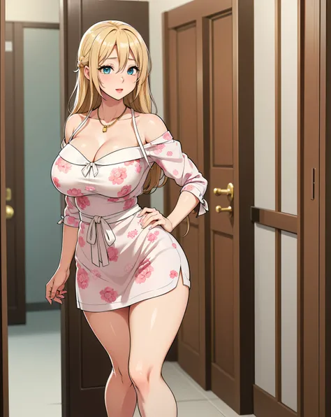 An extremely beautiful stunning voluptuous woman, with gold blonde long silky hair, big blue oceanic eyes, extremely super bright snow white fair stunning flawless glowing lush shiny white complexion and flawless skin, a perfect tight hourglass figure, and...