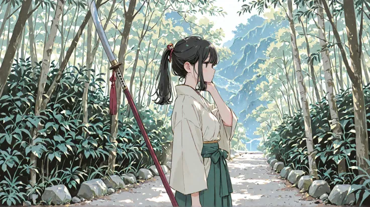 best quality,masterpiece、solo,one girl、Ponytail、(one long polearms,naginata:1.2)、 green hakama 、black hair、barrette、Ancient Japanese landscape