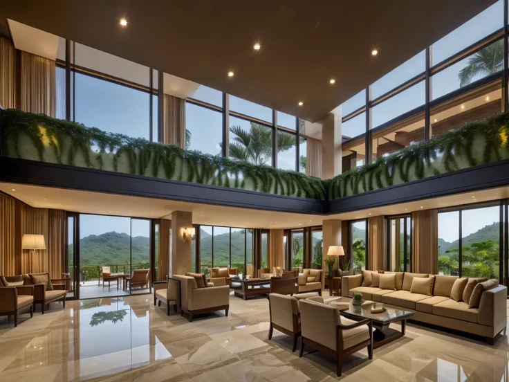 Interior of a luxury modern hotel lobby, with high ceilings, marble floors, large glass walls overlooking the jungle, designer furniture, photorealistic lighting, elegant and spacious, soft shadows

