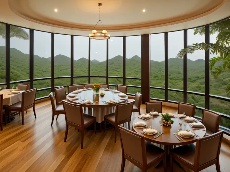 Luxurious hotel dining hall with floor-to-ceiling jungle-view windows, modern decor, elegant round tables, natural lighting, photorealistic, warm interior tones, fine dining setup
