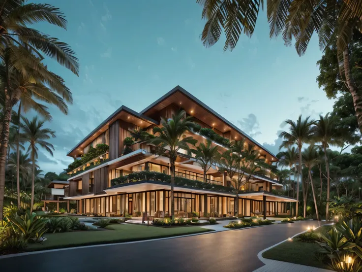 A luxury modern hotel in the heart of a lush tropical jungle, wide-angle exterior view, full glass facade, surrounded by dense greenery, clean elegant architecture, photorealistic, ultra-detailed, realistic lighting, cinematic style
