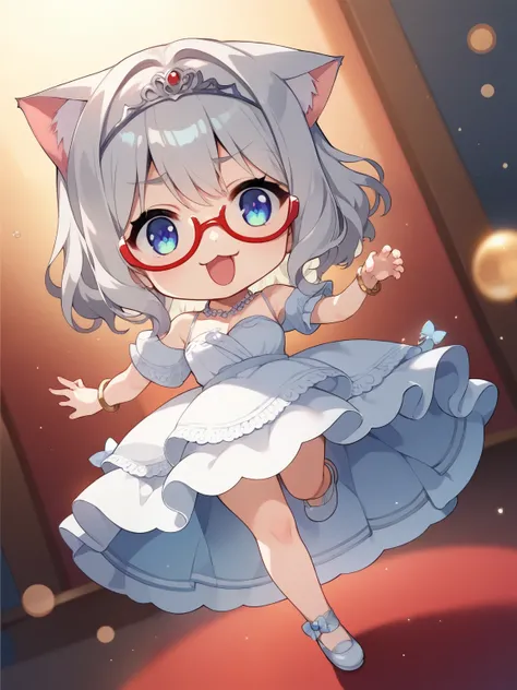 score_9, score_8_up, score_7_up, score_6_up, source_anime, nsfw，uncensored，( chibi:1.3)with silver sequin waves and a flowing skirt There was a shocking white kitten wearing an electric red ballroom gown，cat，Cat Tail，She's in a calm dance pose，lifts one le...