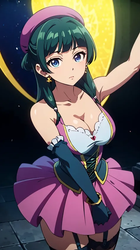 Top quality (8k, high resolution, masterpiece: 1.2), super detailed, anime art style, dynamic angle, (green hair, blue eyes:1.3), (beret, purple headwear, plaid, sleeveless dress, collarbone, corset, arm strap, black gloves, black thighhighs, striped thigh...