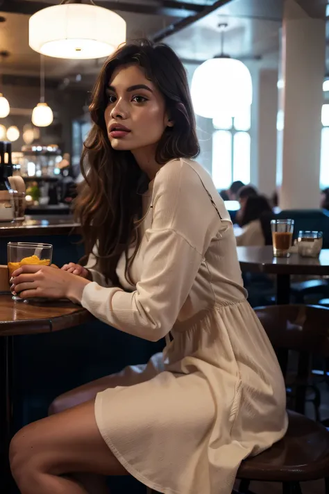 in a cafe wearing a light brown dress