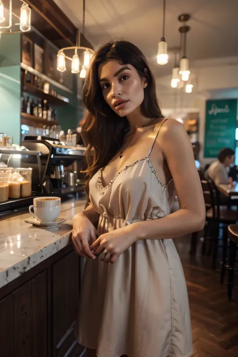 in a cafe wearing a light brown dress