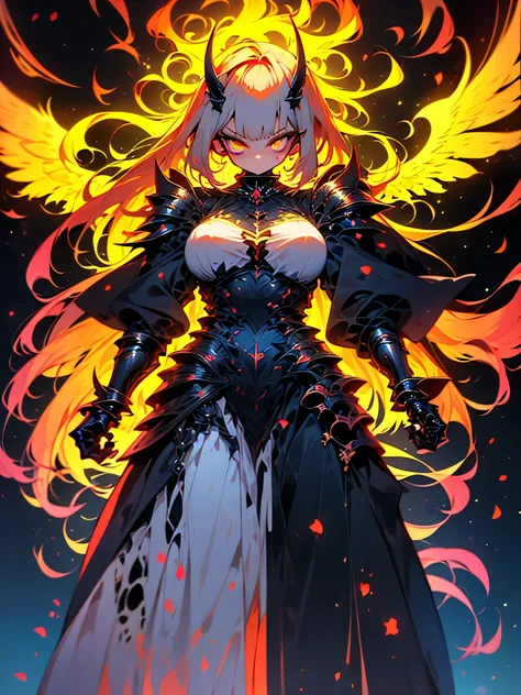 best quality, 8k wallpaper, 1 girl, Alone, white hair, (absurdly long hair: 1.1), ahoge, large breasts, golden eyes, expressionless, pale skin, Goddess wings, horns (crown-shaped), space, nebula, Planets, golden energy, soft fabric waist extension, white c...