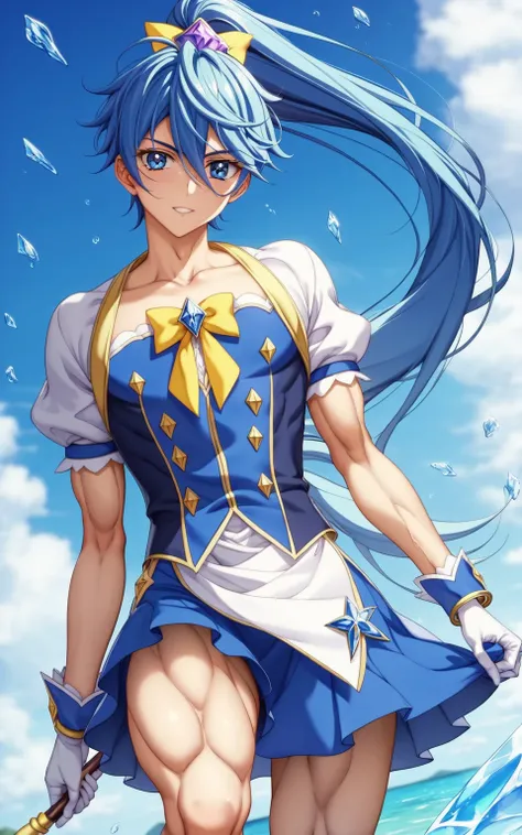 score 9 、score 8 up、score 7 up、source anime、傑作、Best quality、Best resolution、anime coloring、1boy、cure diamond、(male:1.olo、boy is wearing a blue dress、long blue hair boy、sparking blue eyes、high long ponytail hair、dia shape hair ornament、solo、sapphire prince、...
