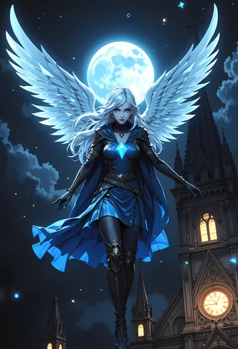aasimar, female, white angelic wings spread , flying over a fantasy goth church at night, at night, full moon, some stars, wearing blue leather dress, with glowing diamonds, small cleavage, high heeled boots, shiny silver hair, long hair,  blue eyes, black...