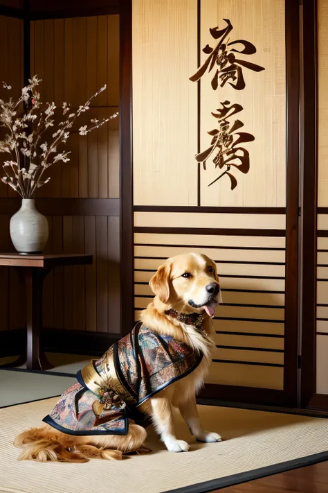 In a serene, softly-lit room with traditional Japanese decor, a golden retriever is comfortably sleeping on an ornate cushion. The dog is dressed in intricate samurai armor, complete with a wooden helmet featuring a large gold crescent emblem on top. The a...