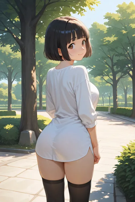 1girl, standing, from behind, looking back,
BREAK girl, 22yo, short hair, bob cut, ear, (blunt bangs), black hair, (tareme:1.2), detailed cute brown eyes, curled eyelashes, (large breasts:0.8),
beautiful eyes, beautiful face,
white long shirt, bottomles...