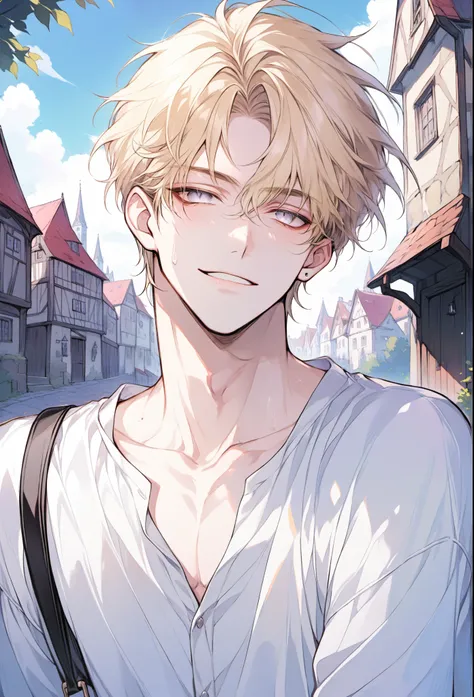 high resolution on the bag, masterpiece, best image quality, character portrait, wide-angle shooting , masterpiece, One man is eating separately, ,(blond hair), gray eyes, You are handsome, illustration, (pale skin), gradient eyes, 20s, Fit body ...