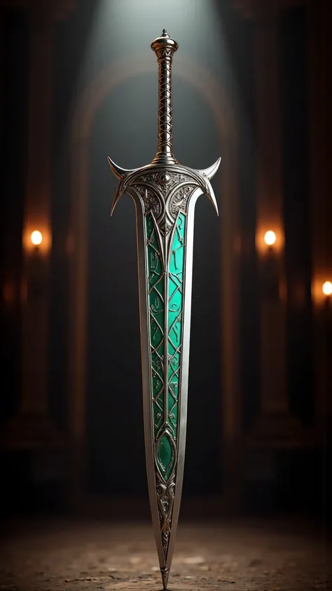 a gilt lined auditorium, total darkness apart from a weapon which is the focus of 3 directed spotlights, the weapon is hovering in midair, a weapon like no other, a massive finely crafted sword, crafted with perfection, and stunning to all that lay eyes on...