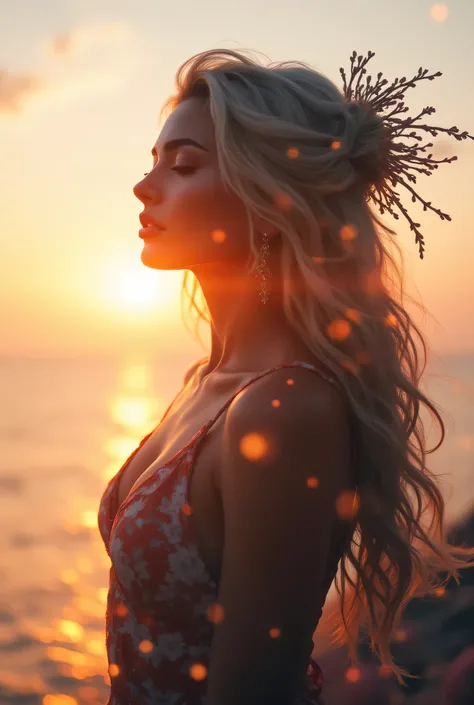 high quality, 8K Ultra HD, Прекрасная Double exposure, who combines the silhouette of a goddess and the sunset on the coast, the sunset coast should serve as a backdrop, with its details, included in the silhouette of the goddess, clean lines, background m...
