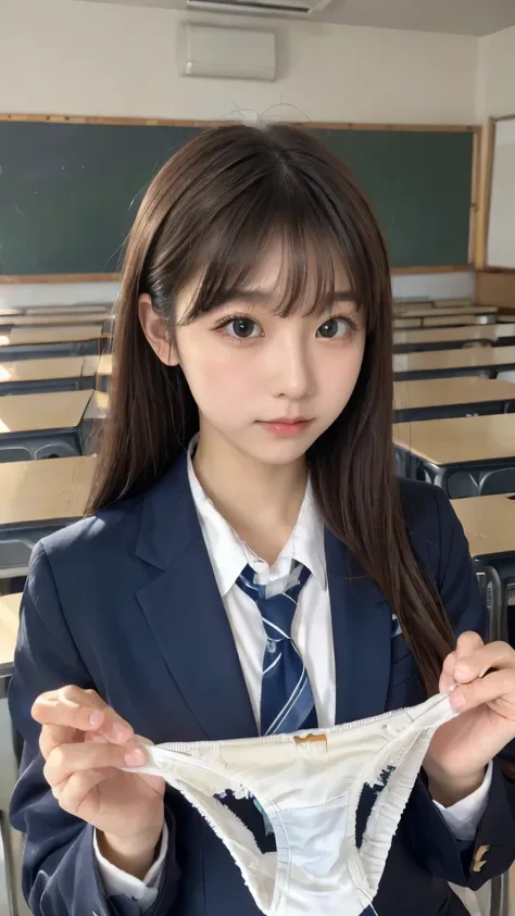 very detailed , 8K resolution RAW color photos ,( upper body:1.2, face:1.3)Beautiful Face, viewers, school uniform blazer , It's in the classroom at school, Panties Focus , shorts presentation,((Having panties)), Simple white panties, separating bangs f...
