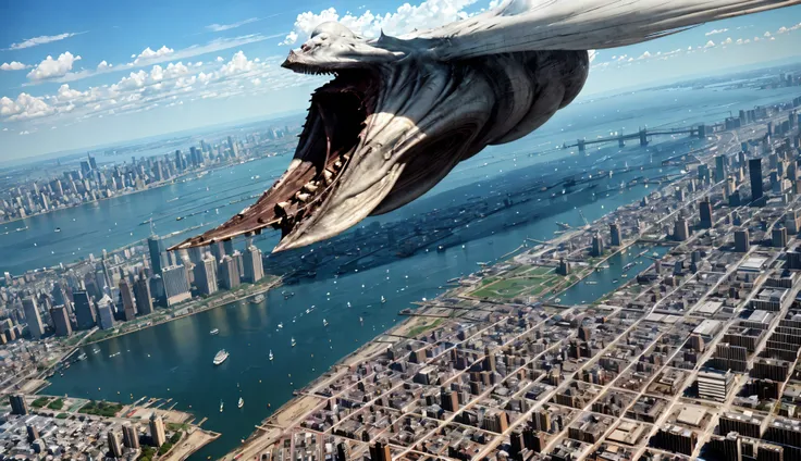 a whole city of New York view from above, a colossal creature destroying the city