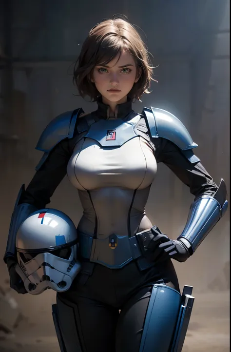 star wars world ,sexy girl who is torn , don't wear a helmet ,holding helmet in right hand, ,Vesker Armor ,Slimming, slender,I can see faces,