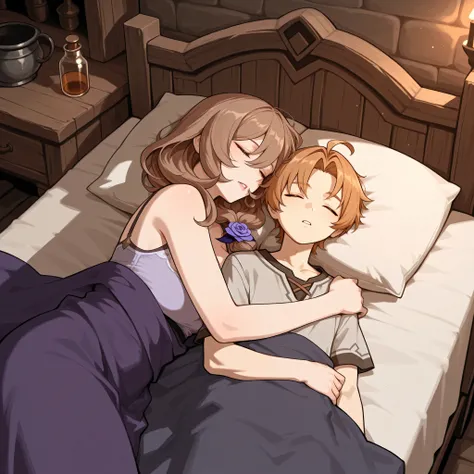 Love couple, older woman with younger man, Rudeus Greyrat and Lisa Genshin Impact, medieval room, sleeping together in bed, masterpiece, best quality, High resolution