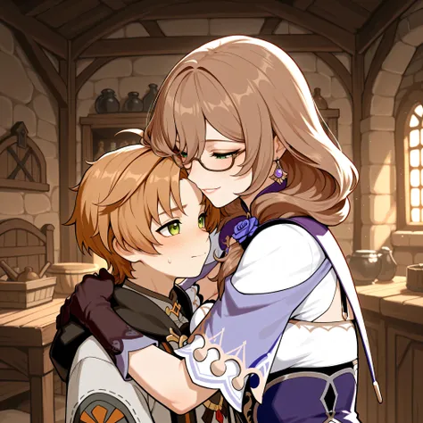 Love couple, older woman with younger man, Rudeus Greyrat and Lisa Genshin Impact, glasses, medieval room, hugging each other, masterpiece, best quality, High resolution