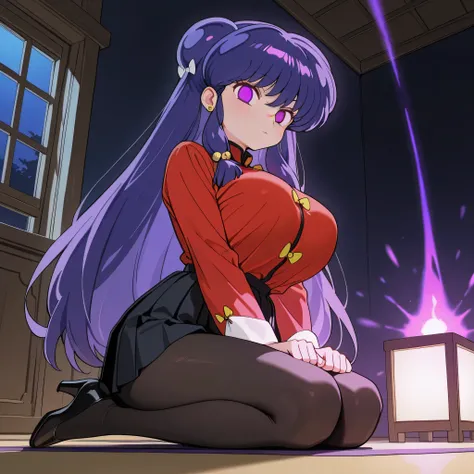 score_9, score_8_up, score_7_up, 1girl, solo, (top quality, 8k), high resolution, smooth, best quality, highly detailed, looking at viewer, bedroom at night, window with purple light, (dark room), ((from below)), huge breasts, covered breasts, glowing hypn...