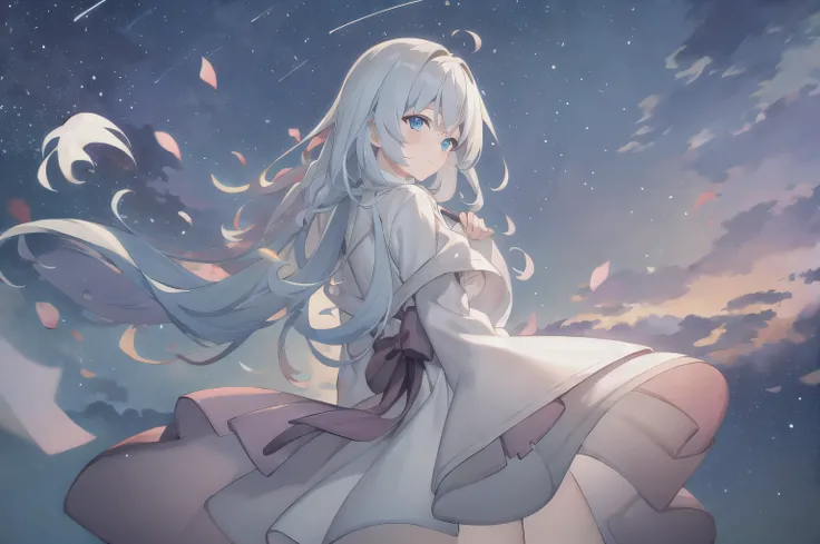 (best quality, masterpiece, high resolution),1 girl,alone,long hair, bangs,Cowboy Shooter, blurry,wind,lightweight particles,(super detailed), REAL LIGHTING , 4K, 8,000,white dress , skirt,White hair, long hair,night,Sky,Star,Stars,抬头望向Sky,backgroun...