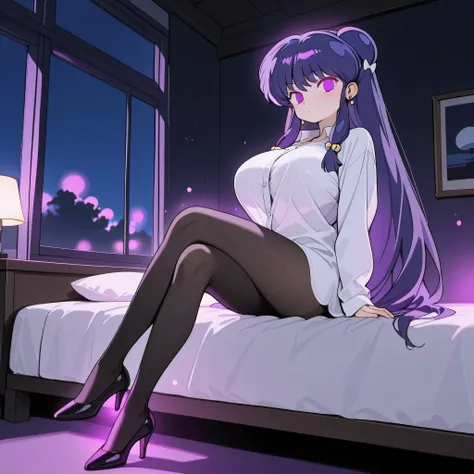 score_9, score_8_up, score_7_up, 1girl, solo, (top quality, 8k), high resolution, smooth, best quality, highly detailed, looking at viewer, bedroom at night, window with purple light, (dark room), huge breasts, covered breasts, glowing hypnotic waves in th...