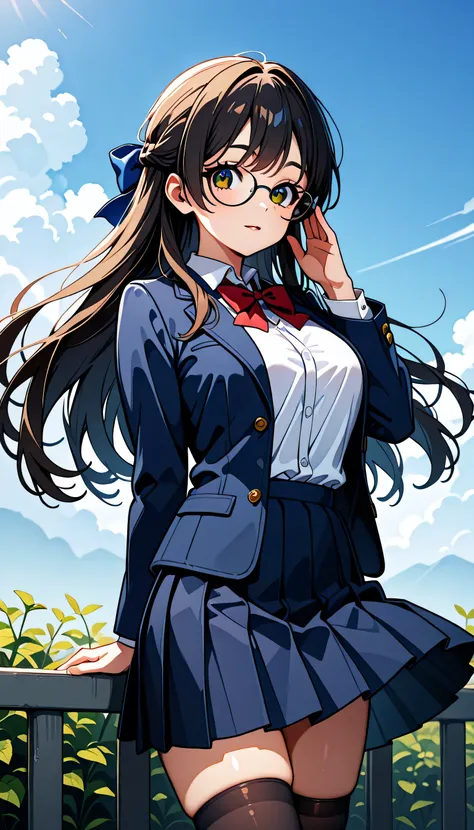 (score_9, score_8_up, score_7_up), source_Anime, absurd_res, white, blue, black, 1girls, solo, multiple girls, upper body, super fine illustration, an extremely delicate and beautiful, best quality, masterpiece, 8K, spring setting, on the school Athletic F...