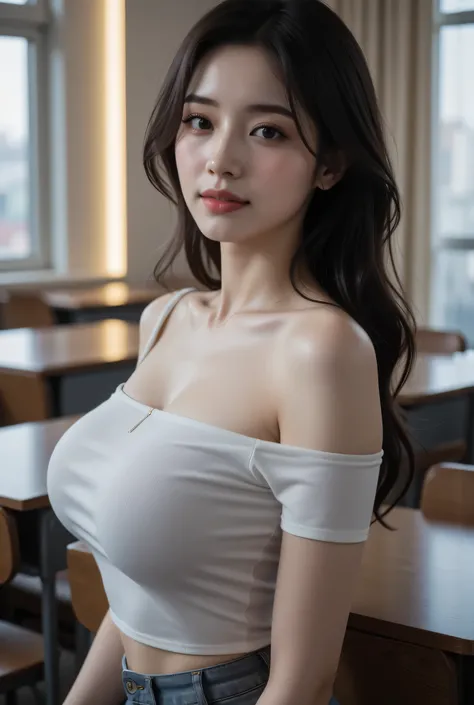 (Picture of a Super Sexy Korean Female Teacher Standing Before the Curtains Swing:1.2)(grins,Extend your smile)(beautiful makeup:1.1)(16k, RAW Photo , Highest Quality, masterpiece: 1.2),( Flat Color Style :1.2) super details, super res, (Genuine, Genuine ...