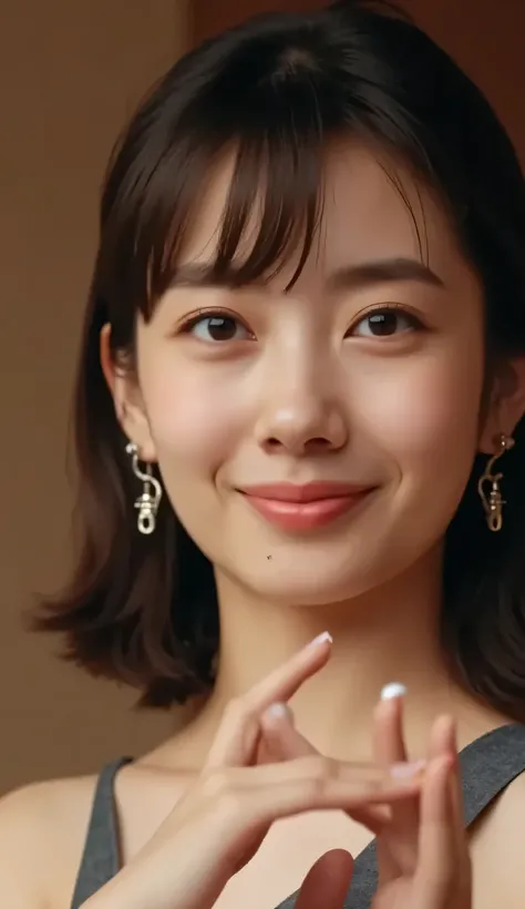 She wears a camisole, makes a heart shape with both hands, and poses in front of her chest, Close-up shot of winking and smiling, semi long hair, thin hair