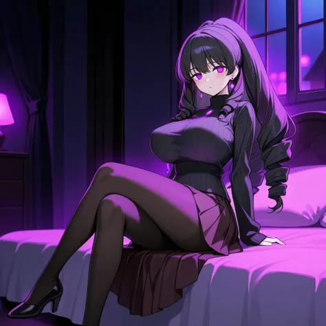 score_9, score_8_up, score_7_up, 1girl, solo, (top quality, 8k), high resolution, smooth, best quality, highly detailed, looking at viewer, bedroom at night, window with purple light, (dark room), huge breasts, covered breasts, glowing hypnotic waves in th...