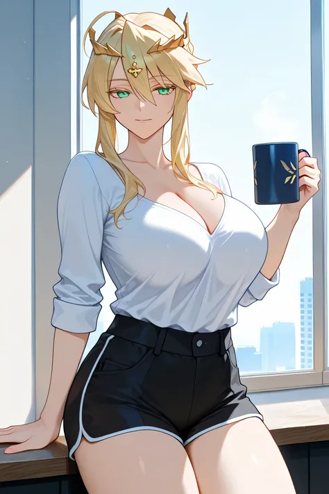 Artoria pendragon lancer, a mature woman, emerald eyes , wearing black shorts, white shirt with, with a seductive expression on her face ,The soft light illuminates her skin,blonde hair cascading over her shoulders ,  Adding a touch of sexiness to your app...