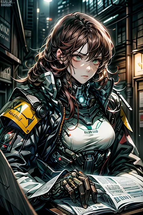 (obra-prima, melhor qualidade, photorealestic:1.4), , (Ultra HD, Papel de parede 8k, high resolution), girl like a cyborg soldier in a cyborg military uniform with an M16 in her hands, dusty body, dirty brown hair, rosto empoeirado, very tense musculature,...