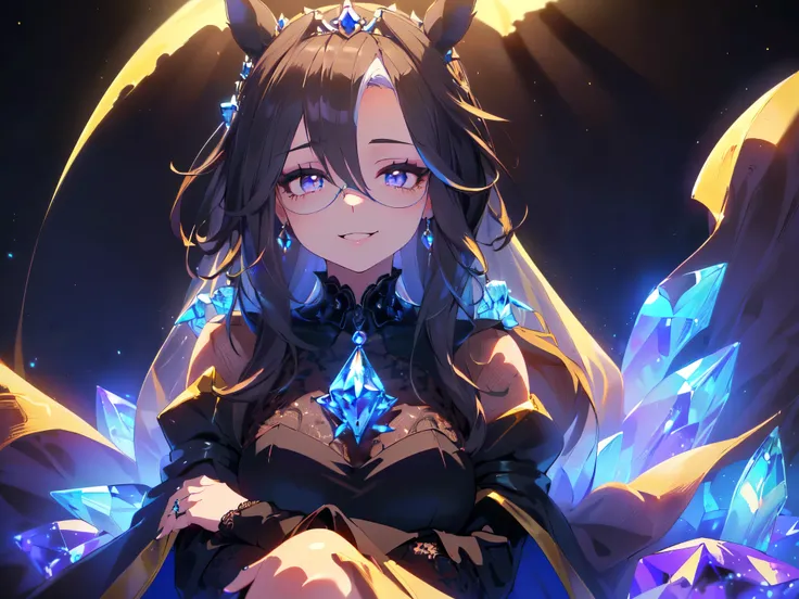 (Solo, alone, girl, chubby, big, short, short arms, horse ears, super long wavy hair, wearing tiara, black lace long sleeve wedding dress and skirt, cape, veil, eyeshadow makeup, cheek makeup, arms behind head, sitting sideways, looking diagonally upwards ...