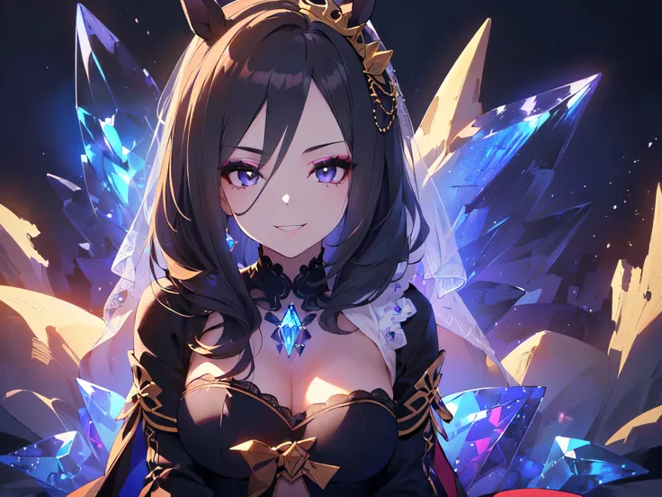 (Solo, alone, girl, chubby, big, short, short arms, horse ears, super long wavy hair, wearing tiara, black lace long sleeve wedding dress and skirt, cape, veil, eyeshadow makeup, cheek makeup, arms behind head, sitting sideways, looking diagonally upwards ...