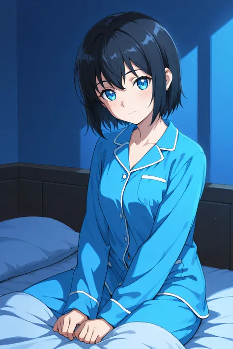 cool beautiful girl, short black hair, striking blue eyes, cool expression, wearing stylish blue pajamas, sitting on bed, under soft blanket, night lighting, cozy atmosphere, anime style, soft shadows, subtle glow, focus on eyes, intimate and calming scene