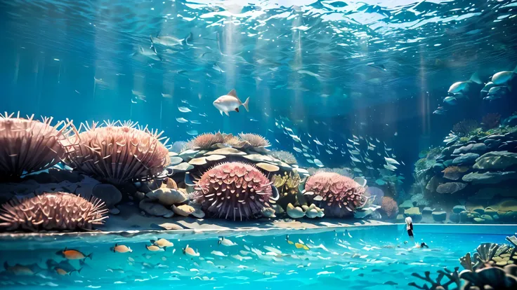huge, Dim Illuminated, futuristic aquarium, (blue rays and blue water:1.2) ,(detailed expression:1.5), (私はhuge水槽の中で泳ぐ多くの魅力的な群れの魚を見ている:1.5) . soft blue surface , (Majestic rays , hugeマンボウ, and、large colorful tropical fish are swimming in the tank:1.5),(Shri...