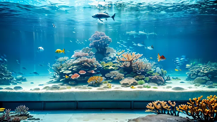 huge, Dim Illuminated, futuristic aquarium, (blue rays and blue water:1.2) ,(detailed expression:1.5), (私はhuge水槽の中で泳ぐ多くの魅力的な群れの魚を見ている:1.5) . soft blue surface , (Majestic rays , hugeマンボウ, and、large colorful tropical fish are swimming in the tank:1.5),(Shri...