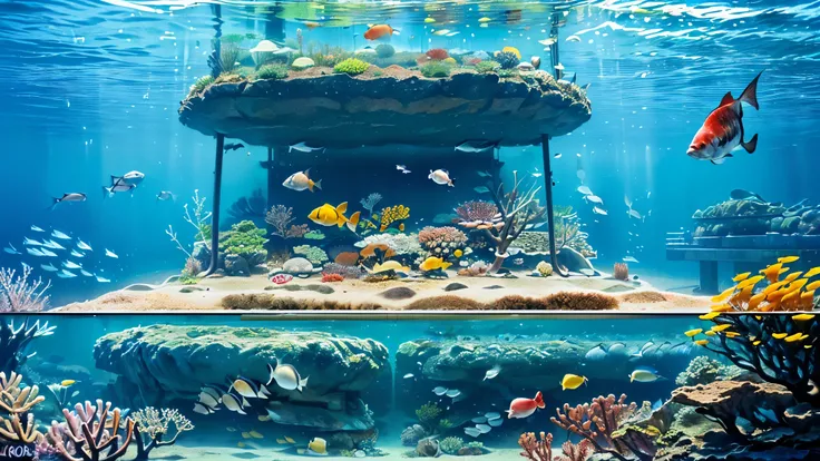 huge, Dim Illuminated, futuristic aquarium, (blue rays and blue water:1.2) ,(detailed expression:1.5), (私はhuge水槽の中で泳ぐ多くの魅力的な群れの魚を見ている:1.5) . soft blue surface , (Majestic rays , hugeマンボウ, and、large colorful tropical fish are swimming in the tank:1.5),(Shri...
