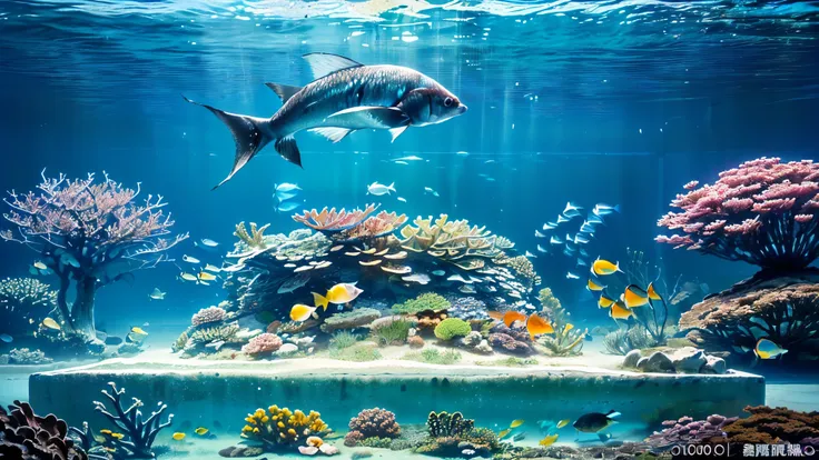 huge, Dim Illuminated, futuristic aquarium, (blue rays and blue water:1.2) ,(detailed expression:1.5), (私はhuge水槽の中で泳ぐ多くの魅力的な群れの魚を見ている:1.5) . soft blue surface , (Majestic rays , hugeマンボウ, and、large colorful tropical fish are swimming in the tank:1.5),(Shri...