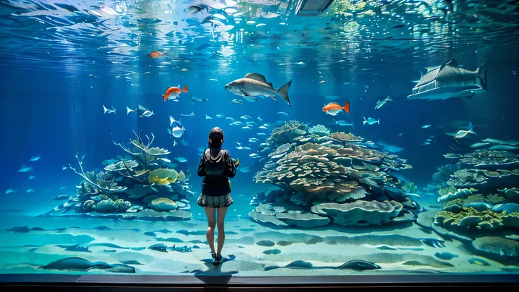huge, Dim Illuminated, futuristic aquarium, (blue rays and blue water:1.2) ,(detailed expression:1.5), (私はhuge水槽の中で泳ぐ多くの魅力的な群れの魚を見ている:1.5) . soft blue surface , (Majestic rays , hugeマンボウ, and、large colorful tropical fish are swimming in the tank:1.5),(Shri...