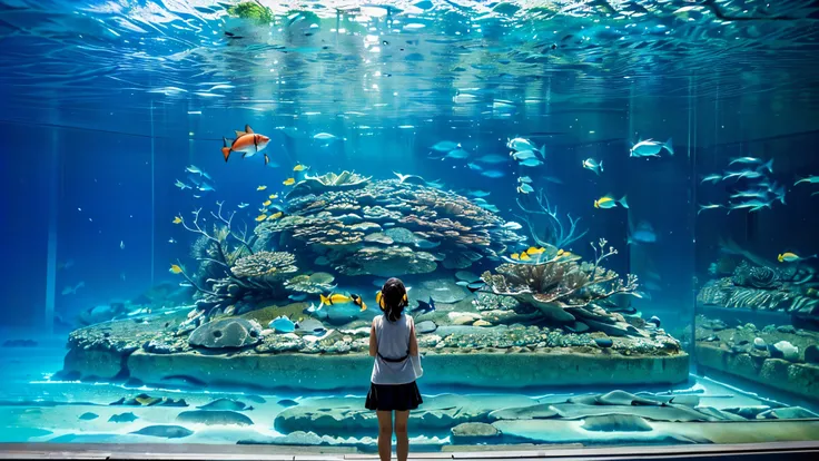 huge, Dim Illuminated, futuristic aquarium, (blue rays and blue water:1.2) ,(detailed expression:1.5), (私はhuge水槽の中で泳ぐ多くの魅力的な群れの魚を見ている:1.5) . soft blue surface , (Majestic rays , hugeマンボウ, and、large colorful tropical fish are swimming in the tank:1.5),(Shri...