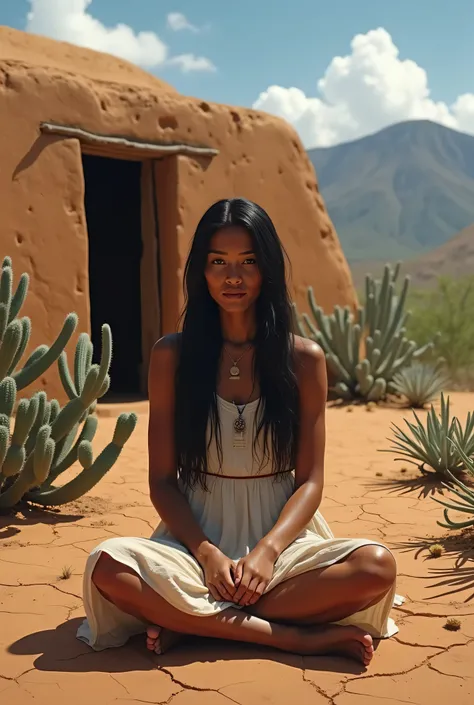 a woman with tanned skin, indigenous trait, cabelos longos liso, sitting in front of a clay house with worn plastering she wears a simple dress, from the 2000 Certano in Brazil.
The landscape in the background shows the dry and cracked ground, covered by s...