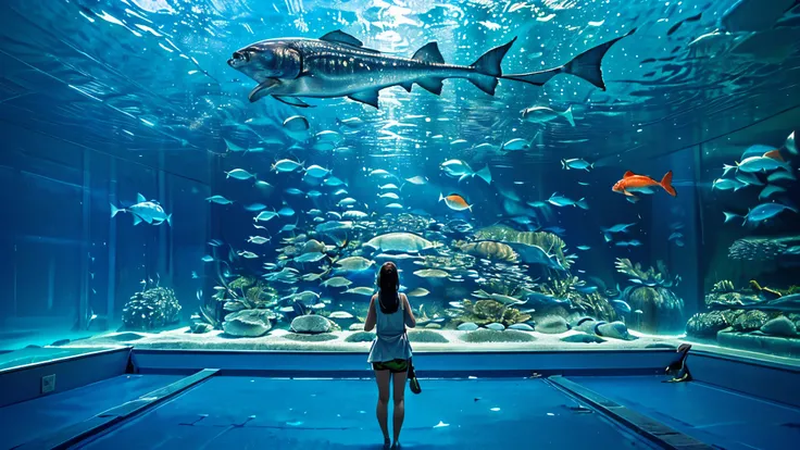 huge, Dim Illuminated, futuristic aquarium, (blue rays and blue water:1.2) ,(detailed expression:1.5), (私はhuge水槽の中で泳ぐ多くの魅力的な群れの魚を見ている:1.5) . soft blue surface , (Majestic rays , hugeマンボウ, and、large colorful tropical fish are swimming in the tank:1.5),(Shri...