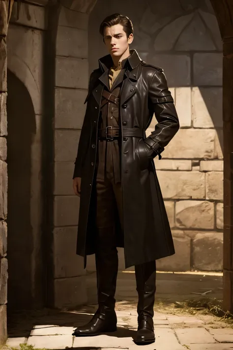 Young man, tall and stocked with a very thick leather trench coat,with a very elegant bronze belt would have but with different items such as blades and pumps, attractive face with a leather shadow, face of displeasure and egocentrism, with small details t...